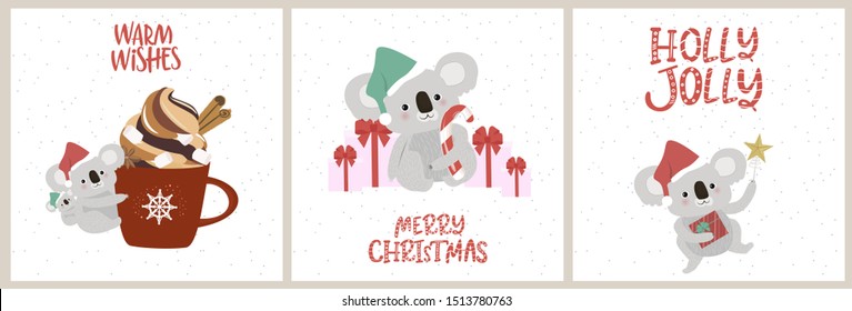 Set of Merry Christmas card with cute koala bears. Editable vector illustration.