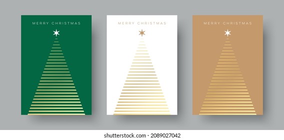 Set Merry Christmas Card Designs and Simple Geometric Christmas Tree Illustration  Modern Linear Luxury Christmas Cards and Merry Christmas Text  Vector Design template 