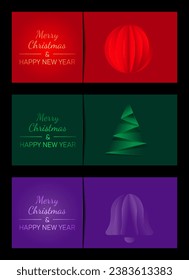 Set of merry christmas card and happy new year template with papercut tree, ball, bell on red, green, violet background. Abstract, creative geometric banner with gradient effect. Vector illustration.