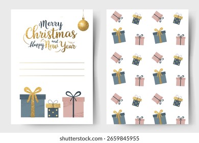 Set von Frohe Weihnachtskarte und Muster als Abdeckung. Weihnachtsvorlage. Leuchtende Weihnachtsgeschenkboxen.