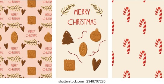 set of Merry Christmas card and  patterns with Cookies.New Year's gingerbread . Patterns with Christmas Candy.Merry Christmas .Great for wallpaper, backgrounds, packaging, fabric, scrapbook. 