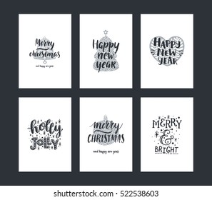 Set of merry christmas card. Vector cards with hand drawn letters, winter tree, bell, heart and ball. New year illustration for design greeting cards, photo overlays, invitations.