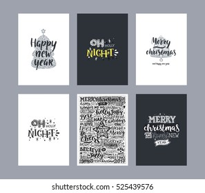 Set of merry christmas card. Vector cards with hand drawn letters and christmas symbols. New year illustration for design greeting cards, photo overlays, invitations