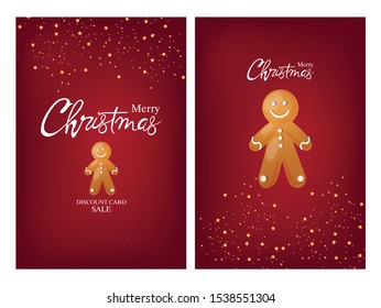 Set of merry christmas cards with gingerbread men cookie and stars, sparkles decorations. Red background vector