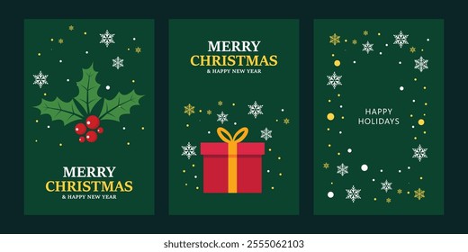 Set of Merry Christmas cards and invitations. Golden snowflakes, Christmas trees and gift box on a green background. Design illustration for cover, print, poster, wallpaper and banner vector.