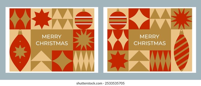 Set of Merry Christmas cards with red and gold geometric holiday ornaments. Template for winter holidays design. Vector illustration