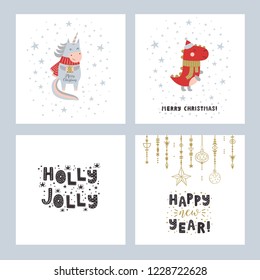 Set of Merry Christmas cards. Vector holiday cards with hand drawn letters, unicorn, dinosaur and winter symbols. New year text and cute animals