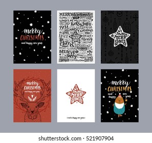 Set of merry christmas cards. Vector cards with hand drawn letters, deer, stars and winter symbols. New year illustration for design greeting cards, photo overlays, invitations.