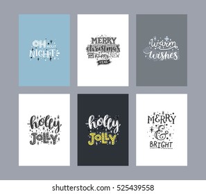 Set of merry christmas cards. Vector cards with hand drawn text and new year symbols. Cute letters for design greeting cards, photo overlays, invitations