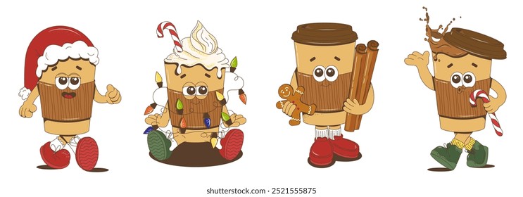 A set of merry Christmas coffee characters in vintage style. The character is a mascot of coffee for a coffee shop, a bar for Christmas. The grooves are vector characters.