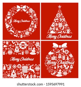 set of merry christmas colorful icon elements card red background