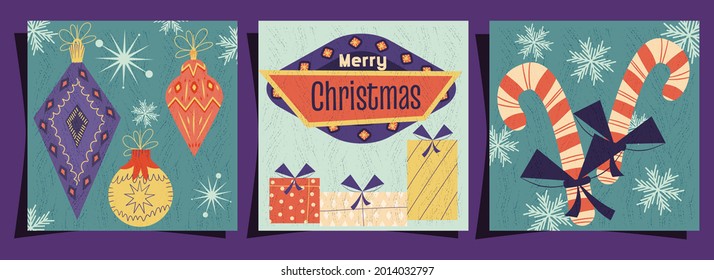 A set of merry Christmas covers in a retro vintage style. Signboard, Christmas toys and candy on postcards with texture. Vector illustration of Mid-Century Modern style design