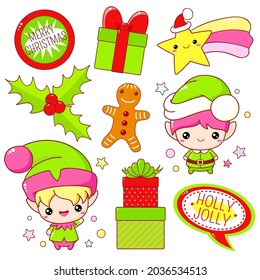 Set of Merry Christmas day icons in kawaii style. Cute elf, gift boxes, falling star in Santa hat, gingerbread. Vector illustration EPS 8