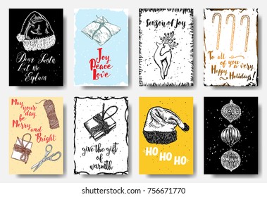 Set of Merry Christmas, Dear Santa Let me Explain, Joy Peace Love, Season of Joy, Merry and Bright, HO HO HO hand drawn greeting cards, gift tags, postcards, posters. Calligraphic artwork. Vector