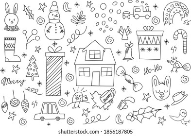 Set of Merry Christmas design elements.  Hand drawn vector illustration in doodle style outline drawing isolated on white background