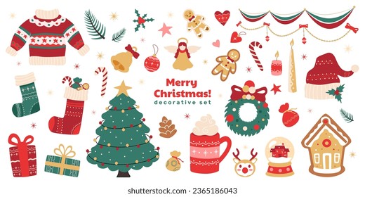 Set of Merry Christmas drawings, cozy and cute stickers, decoration set, vector holiday illustration.