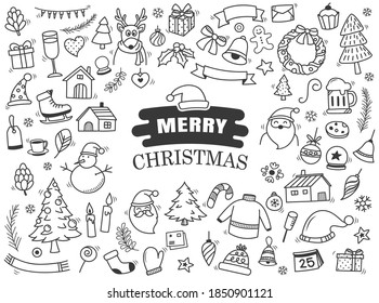 Set of merry christmas element and symbol in doodle style.