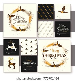 Set of merry christmas elements with lettering, seamless pattern and illustration. Retro golden stile.