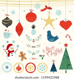 Set of Merry Christmas elements. Snowflakes, ornaments, ball, star, heart, dove, snowman, gingerbread man, decorative branches, dividers, fir tree, labels, stickers. Vector illustration.