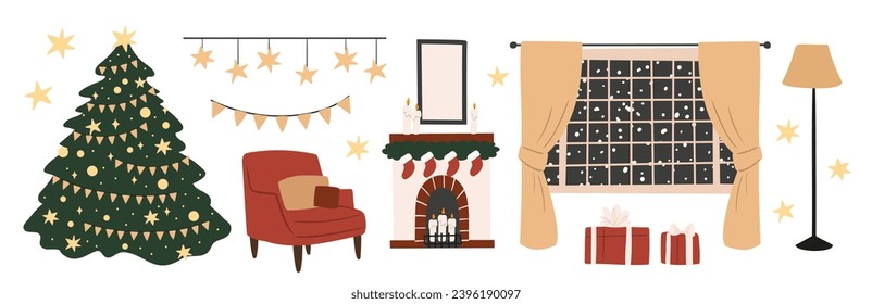 Set of Merry Christmas festive interior illustrations vector clipart, decorated Christmas tree, present, fireplace, xmas home decore, Flat style images.