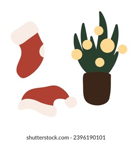 Set of Merry Christmas festive interior illustrations vector clipart, decorated Christmas tree, present, fireplace, xmas home decore, Flat style images.