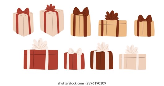 Set of Merry Christmas festive interior illustrations vector clipart, decorated Christmas tree, present, fireplace, xmas home decore, Flat style images.