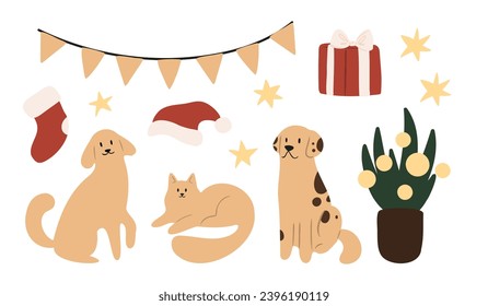 Set of Merry Christmas festive interior illustrations vector clipart, decorated Christmas tree, present, fireplace, xmas home decore, Flat style images.