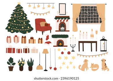 Set of Merry Christmas festive interior illustrations vector clipart, decorated Christmas tree, present, fireplace, xmas home decore, Flat style images.