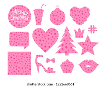 Set Merry Christmas forms Heart , ball tree star, bubble, kiss cupcake, slipper. Cute design of a silhouette with abstract pink star pattern. Vector illustration isolated on white background.