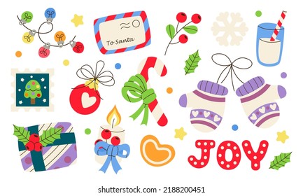 Set of merry christmas gift, garlands, candy,  candle, snowflake, winter mittens, fir tree baubles, joy, milk, post mark. Holiday festive decoration. Hygge, cozy xmas household. Happy New Year 2023.