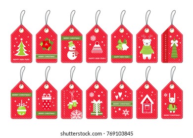 Set of Merry Christmas gift red tags with party items . Vector paper labels . Flat style 