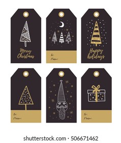 Set of Merry Christmas gift tags with hand drawing holiday elements. Vector illustration.