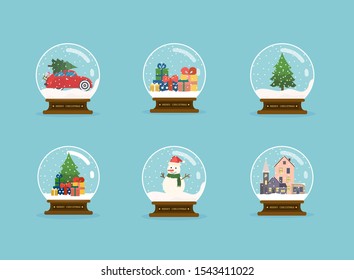 Set of merry christmas glass balls with christmas tree, snowman and gifts. Flat design modern vector illustration concept.