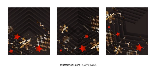 Set Merry Christmas gold frame vector elegant on dark green banner design of sparkling lights garland