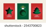 Set of Merry Christmas greeting card. Trendy minimalist design with Star, Christmas Ball and Christmas Tree. Paper art Vector Illustration. Template for poster, banner, holiday cover.