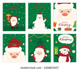 Set of Merry Christmas greeting card. Santa Claus, Polar bear, penguin.