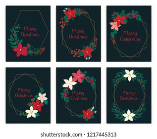 Set of Merry Christmas greeting card. flower, floral.
