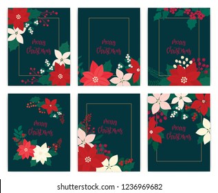 Set of Merry Christmas greeting card. flower, floral.