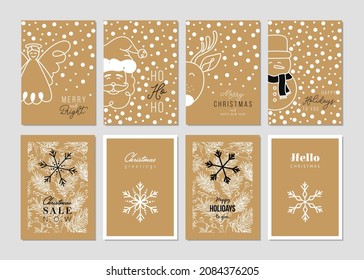 Set of Merry Christmas greeting card with new year text quote and luxury decoration.