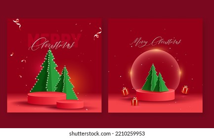 Set Of Merry Christmas Greeting Card OR Poster Design In Red Color.