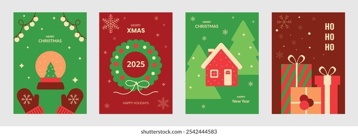 Set of Merry Christmas greeting card. Trendy minimalist design with Christmas wreath, gifts, snowflakes, snow globe, stars and gingerbread house. Vector template for poster, banner, holiday cover.