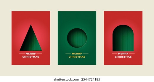 Set of Merry Christmas greeting card. Trendy minimalist geometric shape design. Paper art Vector Illustration. Template for poster, banner, holiday cover.