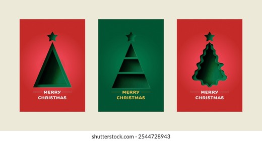 Conjunto de cartões comemorativos de Feliz Natal. Design de forma geométrica na moda minimalista com Árvore de Natal. Ilustração vetorial de arte em papel. Modelo para cartaz, banner, capa de feriado.