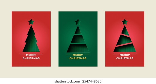 Set of Merry Christmas greeting card. Trendy minimalist geometric shape design with Christmas Tree. Paper art Vector Illustration. Template for poster, banner, holiday cover.