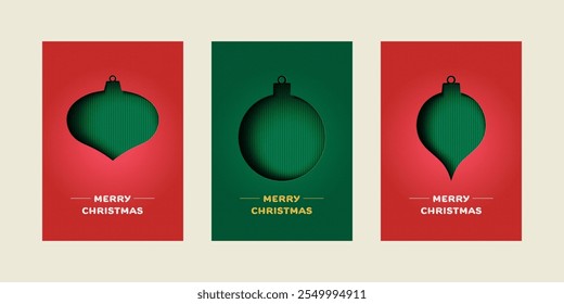 Conjunto de tarjeta de felicitación de Navidades alegres. Diseño de forma geométrica minimalista de moda con bola de Navidad. Ilustración vectorial de arte de papel. Plantilla para cartel, Anuncio, cubierta de vacaciones.