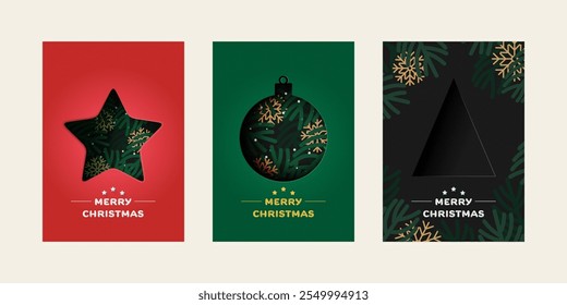 Conjunto de cartões comemorativos de Feliz Natal. Design minimalista moderno com Estrela, Bola de Natal e Árvore de Natal. Ilustração vetorial de arte em papel. Modelo para cartaz, banner, capa de feriado.