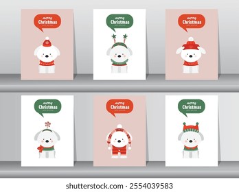 Set of Merry christmas greeting card with cute animal and winter clothes,puppy,dog ,maltese dog,Vector illustrations.
