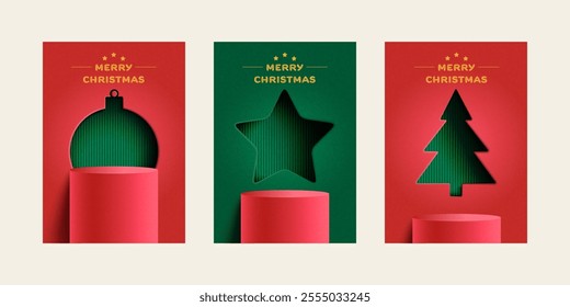 Set of Merry Christmas greeting card. Trendy minimalist design with Red Podium on Star, Christmas Ball and Christmas Tree. Paper art Vector Illustration. Template for poster, banner, holiday cover.