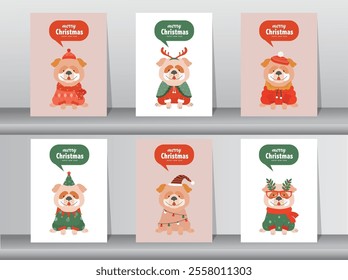 Set of Merry christmas greeting card with cute animal and winter clothes,puppies,dog,french bulldog,Vector illustrations.