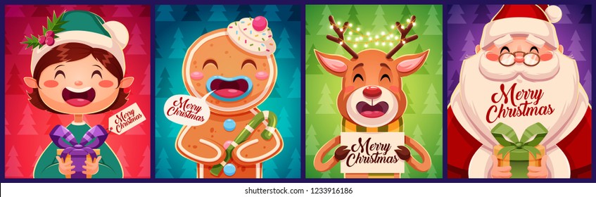Set of Merry Christmas greeting cards design. With Christmas characters holding gift boxes. Vector illustration